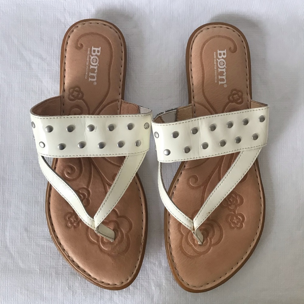 Born Krysten Cream Patent Leather Studded Sandals